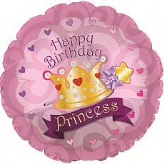 Фольгированный шар (46см) Круг, С Днем рождения (корона принцессы), Розовый